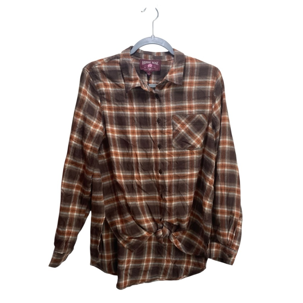 Hippie Rose Festival Flannel Relax Western Warm Plaid Rust Tan Top Women S‎ New - Picture 4 of 11